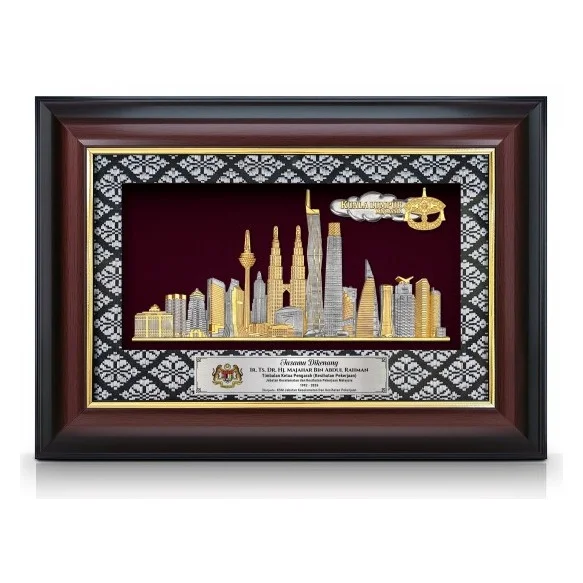 11" x 15.6" VIP Songket Frame With Gold Plated Pewter - Kuala Lumpur Landmark (Songket Perak)