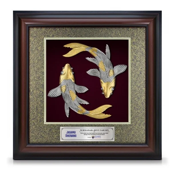 16" x 16" VIP Frame With Imperial Dark Cardboard And Gold Plated Pewter - Double Luck Koi Fish (Harmony & Prosperity)