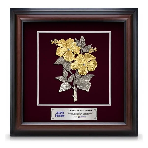 16" x 16" VIP Frame With Gold Plated Pewter - Bunga Raya 2 Flowers (Hibiscus)